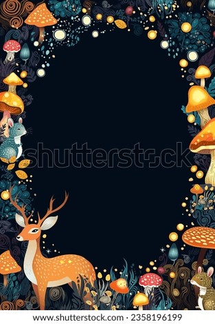 Decorative woodland card design with deer, mushrooms, grass, magical lights. Beautiful enchantment frame illustration with fairytale animals in fantasy night forest
