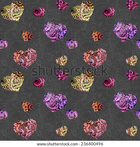 Bright vintage ornamental hearts. Repeating retro oriental pattern with eastern ornament. Watercolor