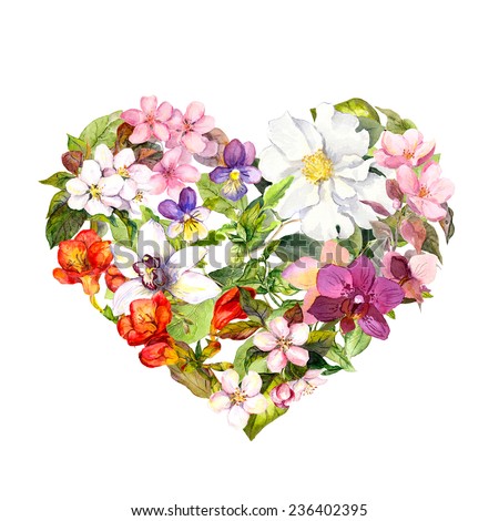 Floral heart with flowers, herbs and leaves. Watercolor 