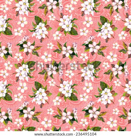 Blossom flowers on ornate pink background. Floral repeating pattern. Watercolor