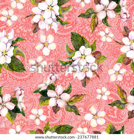 Blossom sakura flowers (apple, cherry) on eastern asian pink background. Floral repeating pattern. Watercolour