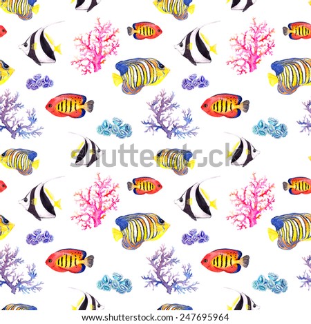 Exotic fish (tropical fish) and ocean coral. Sea seamless pattern. Watercolor