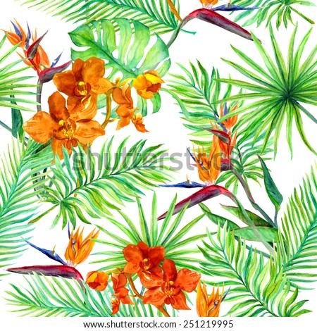 Tropical forest leaves and exotic flowers -  wild orchid and bird flower. Seamless pattern. Watercolor