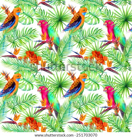 Jungle parrots, exotic plants (palm, monstera) and flowers. Repeating pattern. Aquarelle