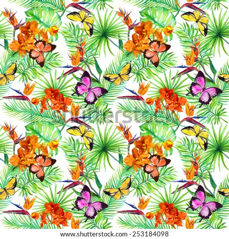 Tropical tree, butterfly and exotic flowers (bird of paradise flower, orchid). Seamless pattern. Water color.