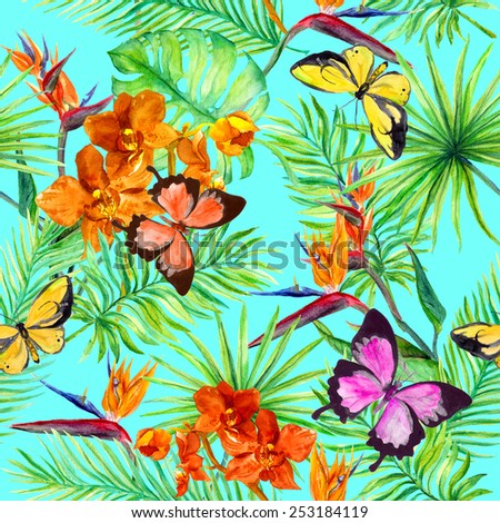 Bright butterflies, exotic leaves and tropical flowers (bird of paradise flower, orchid). Seamless pattern. Watercolour