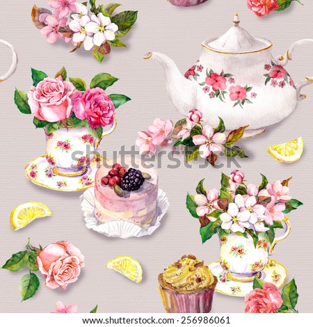 Vintage tea pattern with flowers in tea cup, cake and tea pot. Floral watercolor. Seamless background