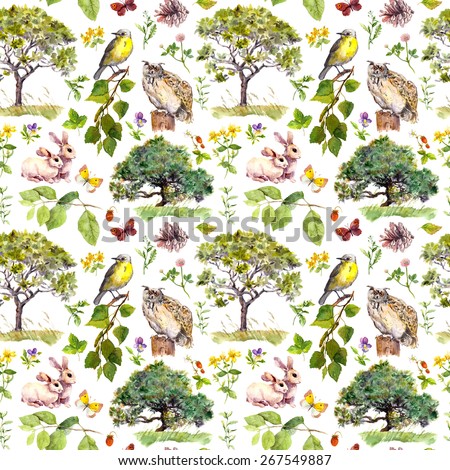 Forest or park: bird, rabbit, tree, leaves, flowers and grass. Repeating pattern. Water color