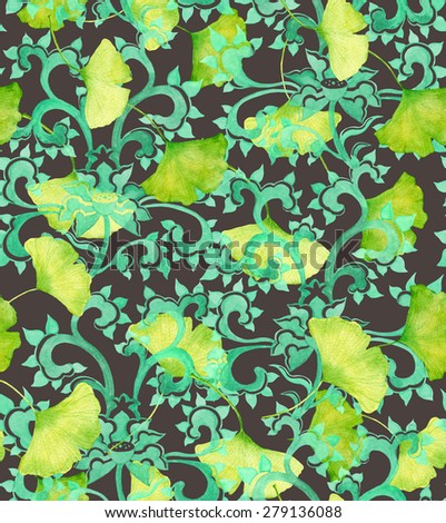 Chinese ornament and green gingko leaves. Seamless watercolor ornament