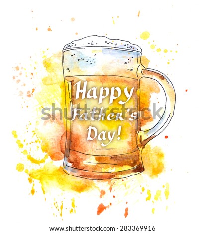 Father day greetings. Beer mug with congratulation. Watercolor spotted style