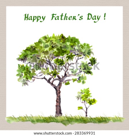 Father\'s day illustration. Big tree father and small spout child. Watercolor