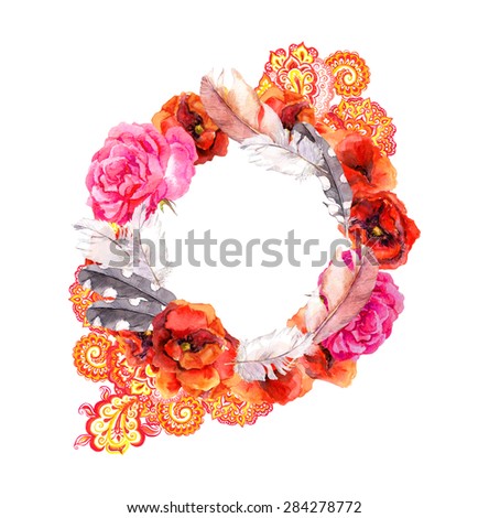Fashion hippie style. Floral wreath with red flowers (poppies, rose), feathers and eastern ornament. Watercolor