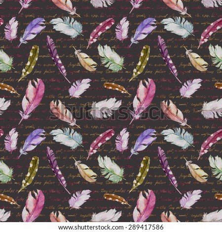Feathers and hand written text. Watercolor seamless pattern.