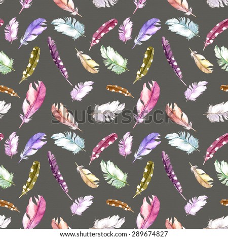 Feathers pattern for wallpaper design. Watercolor seamless background.