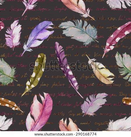 Feathers and vintage hand written letter. Watercolor seamless pattern.