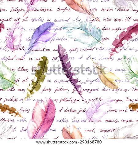 Feathers and hand written words. School concept. Watercolor vintage seamless background