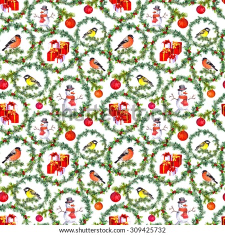 Christmas repeating pattern - pine tree circles with winter birds, present boxes, snowman and baubles decor. Watercolor