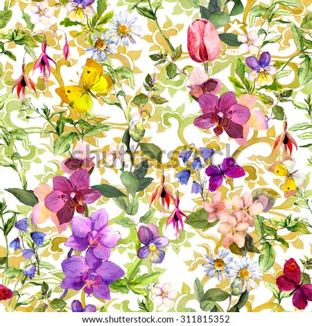 Floral seamless wallpaper. Flowers in meadow and butterflies with vintage oriental ornament.  Watercolor for interior design