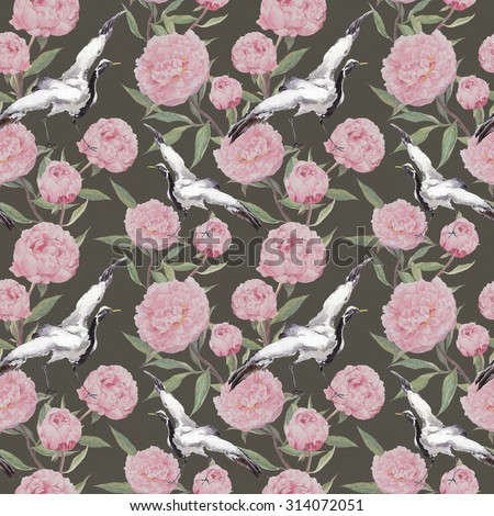 Crane birds dance in pink peony flowers. Floral repeating eastern background. Watercolor