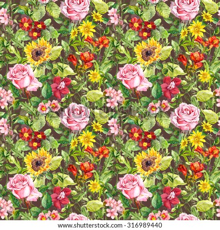 Meadow flowers, summer herbs. Seamless floral wallpaper for interior design. Watercolor