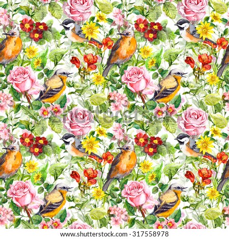 Flowers, meadow grass, birds. Seamless floral wallpaper for interior design. Watercolor