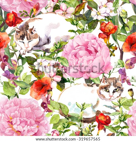 Cats sleeping in meadow grass and flowers. Vintage floral seamless pattern for fashion. Watercolor