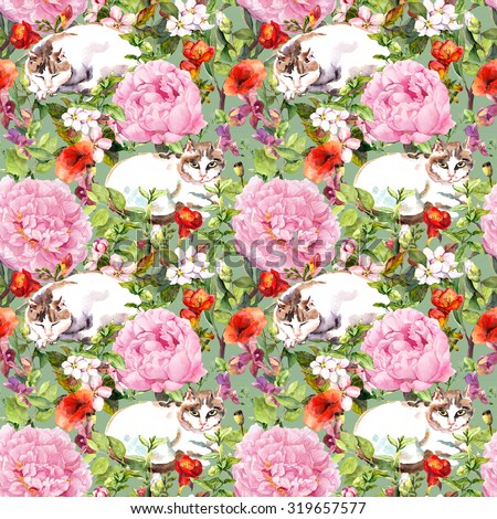 Cat sleeping in grass and flowers. Floral seamless wallpaper pattern for interior design. Watercolor
