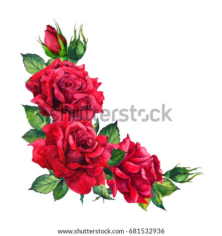 Red roses - corner floral composition. Watercolor for wedding card