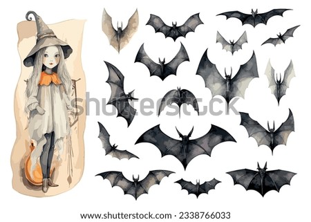 Vintage Halloween illustration with witch and bats
