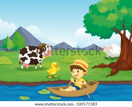 Illustration of a boy in a boat by a farm
