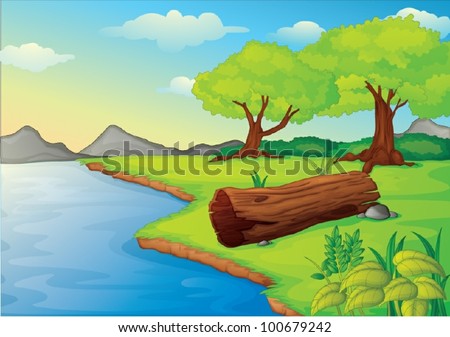 Illustration of trees and log hollow by the water