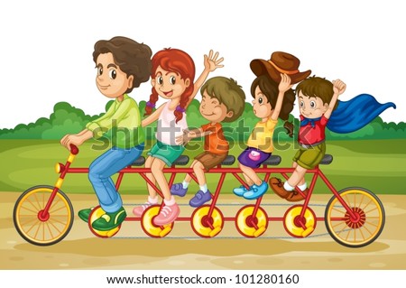 Family riding on same bike in park