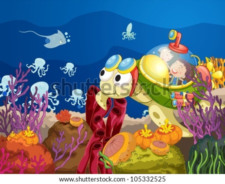 illustration of sea turtle carrying kids in water