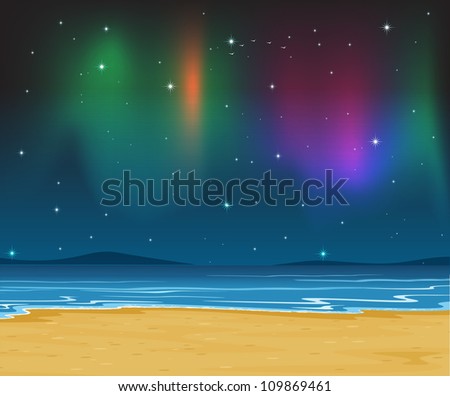 illustration of sea shore and stars in night sky