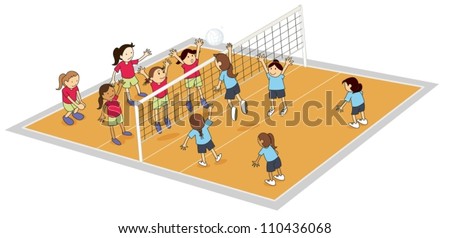 illustration of girls playing volley ball on ground