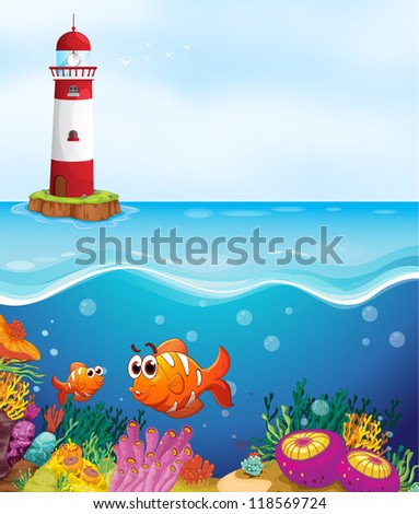 illustratio of a light house, fishes and coral in sea