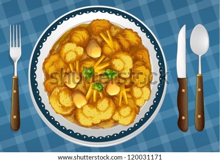illustration of a food and a dish on a blue background