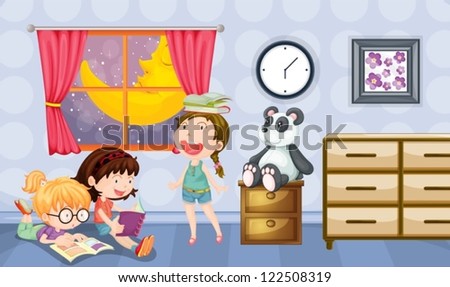 Illustration of girls reading books in a room