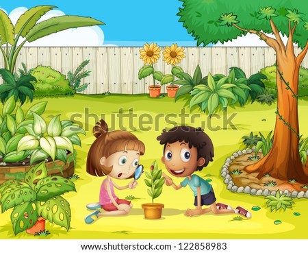 Illustration Of Kids And A Magnifier In The Garden - 122858983 ...