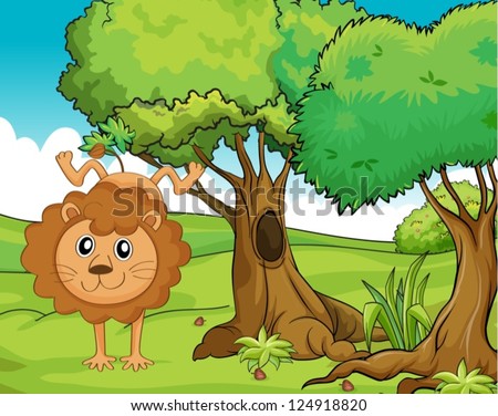 Illustration of a cheerful lion in the forest