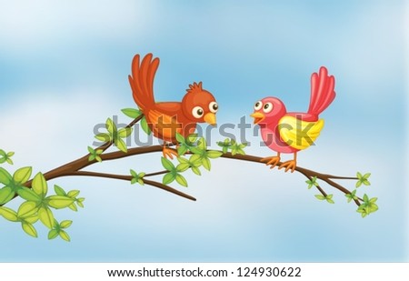 Illustration of a couple bird in a thin branch of tree