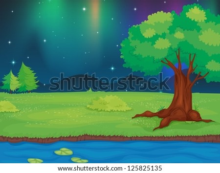Illustration of a river and a beautiful landscape in a night