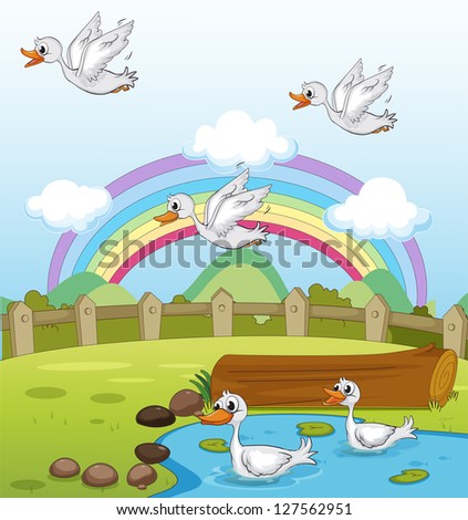 Illustration of ducks and a rainbow and a beautiful landscape