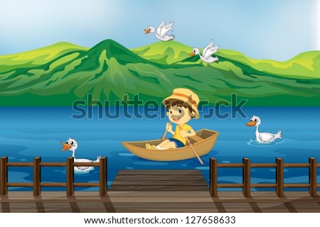 Illustration of a boy riding on a wooden boat