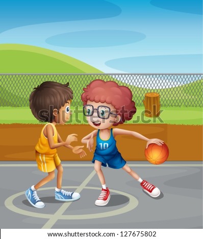 Illustration of two boys playing basketball at the court