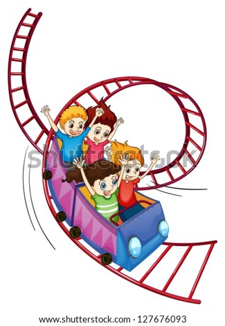 Illustration of brave kids riding in a roller coaster ride on a white background