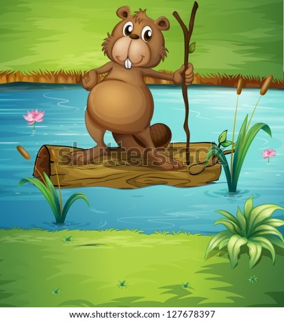 Illustration of a beaver holding a wood in the river