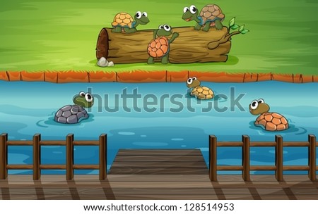 Illustration of a group of turtles at the river