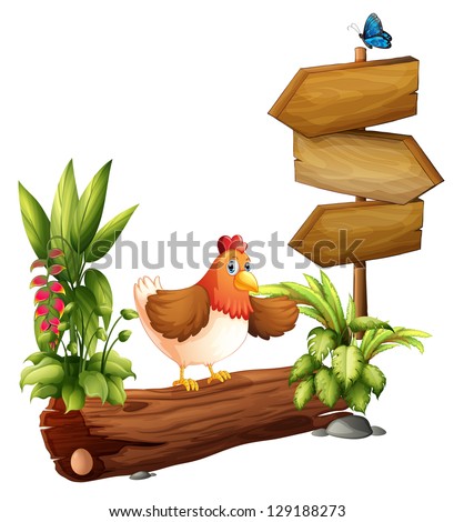 Illustration of a chicken near the arrow board on a white background