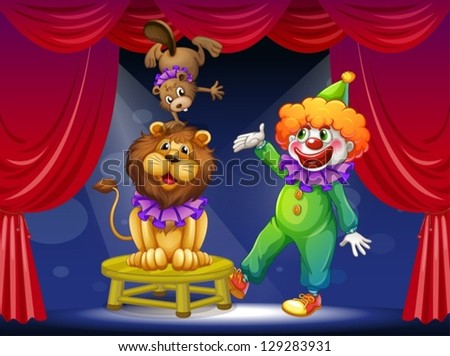 Illustration of a clown with animals at the stage